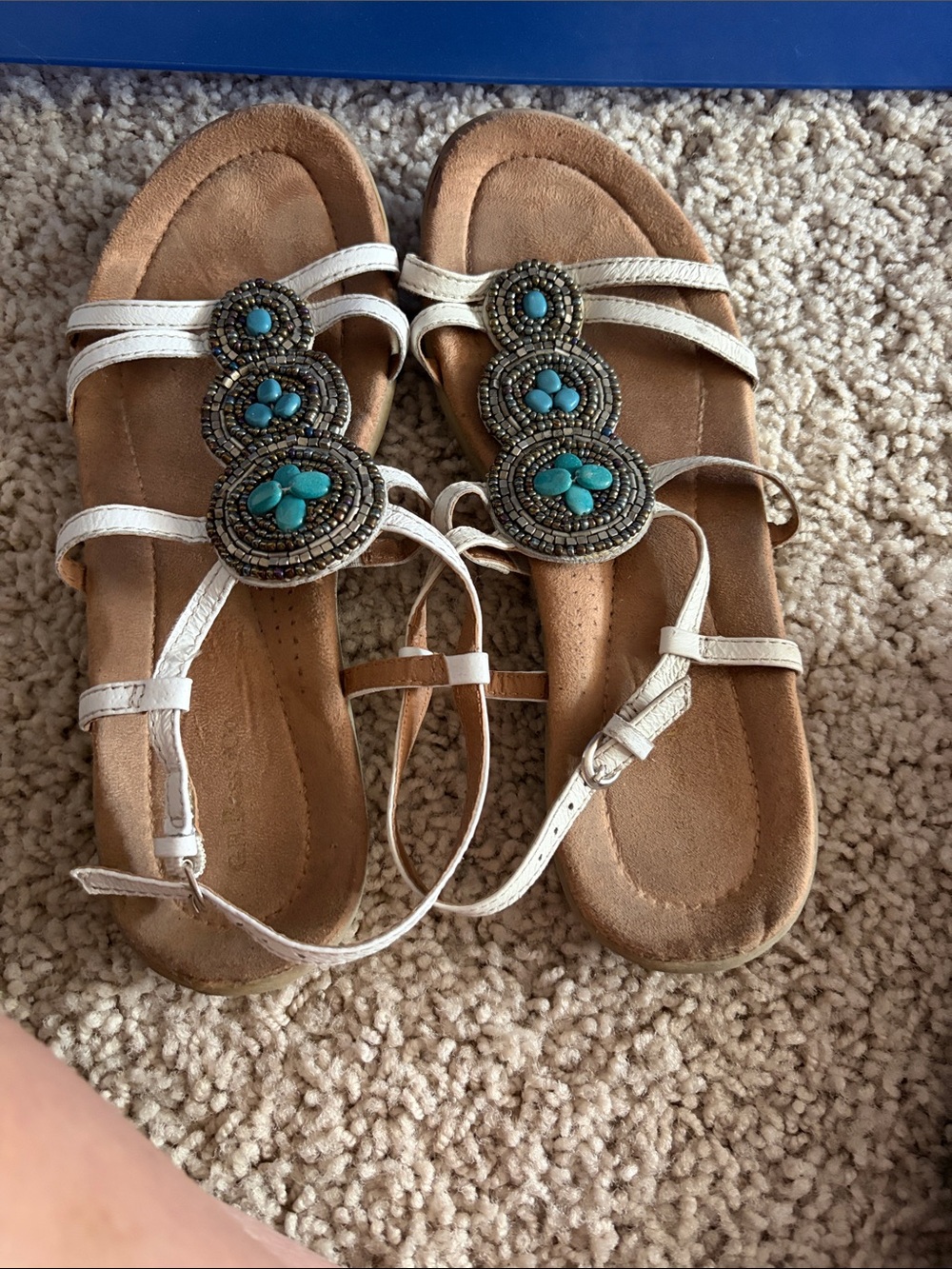 G.H. Bass & Co. White T-Strap Sandals with Turquoise Bead Accents